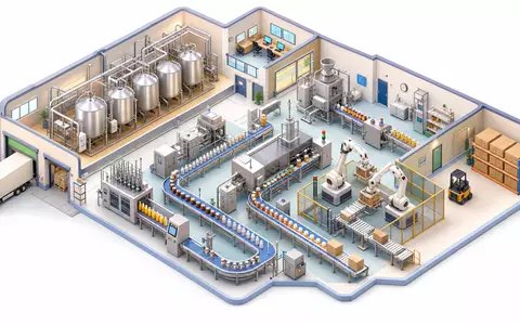 Isometrische 3D-Render-Illustration einer Miniatur-Lebensmittelfabrik mit Edelstahltanks, Förderbändern, Abfüllstationen und Robotern im Schnittmodell – verdeutlicht die Komplexität vollintegrierter Produktionsanlagen, wie sie die GEA Group AG (ISIN DE0006602006) konzipiert - Foto: THN