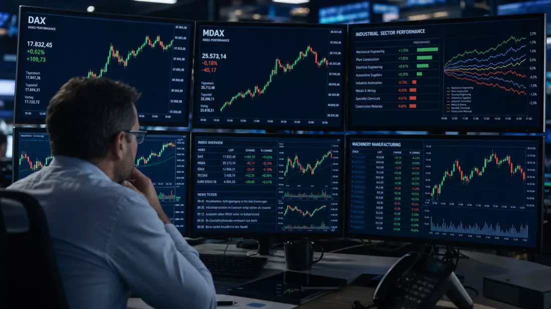 Trader vor Trading-Screens mit DAX- und MDAX-Kursdaten und Maschinenbau-Index