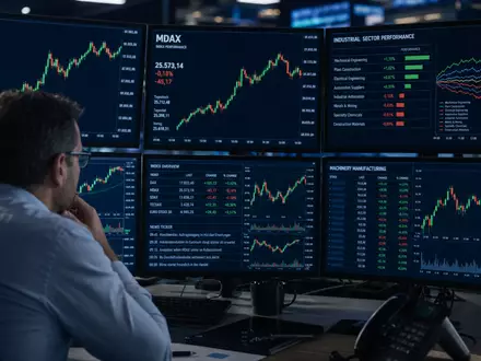 Finanz-Editorial-Fotografie eines Händlers vor mehreren Monitoren mit DAX- und MDAX-Chartverläufen sowie Maschinenbau-Sektordaten – repräsentiert die börsennotierte Position der GEA Group AG (ISIN DE0006602006) im deutschen Kapitalmarkt - Foto: THN