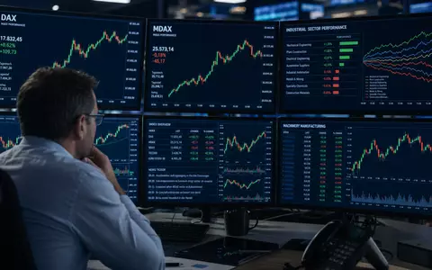 Finanz-Editorial-Fotografie eines Händlers vor mehreren Monitoren mit DAX- und MDAX-Chartverläufen sowie Maschinenbau-Sektordaten – repräsentiert die börsennotierte Position der GEA Group AG (ISIN DE0006602006) im deutschen Kapitalmarkt - Foto: THN