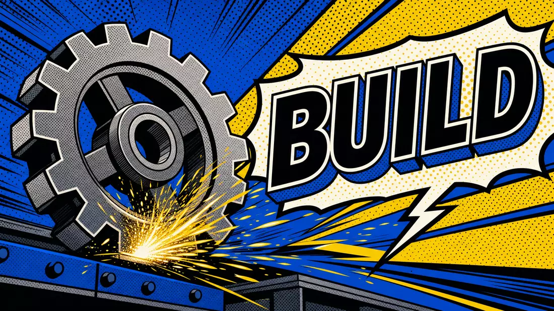Pop-Art-Comic mit Industriezahnrad, Funken und der Aufschrift BUILD