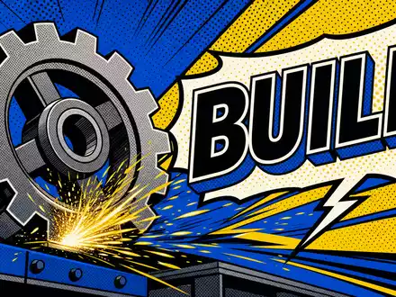 Pop-Art-Comic-Illustration im Lichtenstein-Stil mit einem stilisierten Industriezahnrad, gelben Funken und der Aufschrift 'BUILD' in fetter Comicschrift – versinnbildlicht die Aufbaukraft und Innovationsenergie eines Maschinenbauers wie der GEA Group AG (ISIN DE0006602006). - Foto: THN