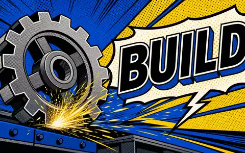 Pop-Art-Comic-Illustration im Lichtenstein-Stil mit einem stilisierten Industriezahnrad, gelben Funken und der Aufschrift 'BUILD' in fetter Comicschrift – versinnbildlicht die Aufbaukraft und Innovationsenergie eines Maschinenbauers wie der GEA Group AG (ISIN DE0006602006) - Foto: THN