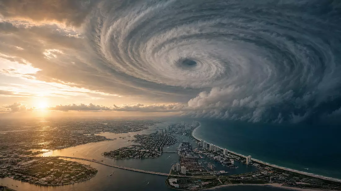 Drohnenaufnahme eines Hurrikans über Küstenstadt mit sichtbarem Auge der Sturmformation