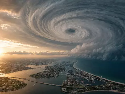 Fotorealistisches Luftbild eines Hurrikans über einer Küstenstadt – ein kraftvolles Motiv für die globale Naturgefahren-Expertise der Hannover Rück SE (ISIN DE0008402215). Die Spiralform des Sturms symbolisiert das Kerngeschäft der Rückversicherung - Foto: THN