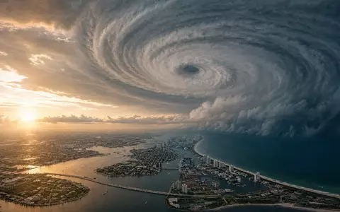 Fotorealistisches Luftbild eines Hurrikans über einer Küstenstadt – ein kraftvolles Motiv für die globale Naturgefahren-Expertise der Hannover Rück SE (ISIN DE0008402215). Die Spiralform des Sturms symbolisiert das Kerngeschäft der Rückversicherung - Foto: THN