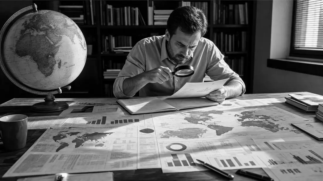 Risikoanalyst studiert Weltkarten und Statistikdiagramme mit Lupe am Schreibtisch, schwarzweiß