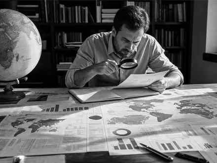 Schwarz-Weiß-Reportagefoto eines Risikoanalysten, der Weltrisikokarten studiert – ein klassisches Editorial-Motiv für die analytische Kompetenz der Hannover Rück SE (ISIN DE0008402215) in der globalen Rückversicherung - Foto: THN