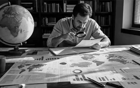 Schwarz-Weiß-Reportagefoto eines Risikoanalysten, der Weltrisikokarten studiert – ein klassisches Editorial-Motiv für die analytische Kompetenz der Hannover Rück SE (ISIN DE0008402215) in der globalen Rückversicherung - Foto: THN