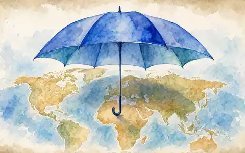 Aquarell-Illustration eines schützenden Regenschirms über der Weltkarte – eine poetische Visualisierung des Schutzgedankens der Hannover Rück SE (ISIN DE0008402215), dem viertgrößten Rückversicherer der Welt - Foto: THN