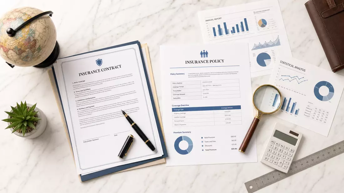 Flatlay: Versicherungsverträge, Statistikgrafiken, Globus, Füller, Lupe auf weißem Marmor