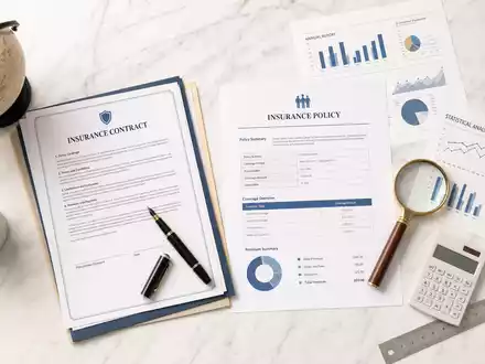 Top-down Flatlay mit Versicherungsverträgen, Statistikdiagrammen, Globus, Füller und Lupe auf Marmor – ein symbolisches Stillleben für die Fachkompetenz der Hannover Rück SE (ISIN DE0008402215) in der globalen Rückversicherung - Foto: THN