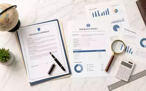 Top-down Flatlay mit Versicherungsverträgen, Statistikdiagrammen, Globus, Füller und Lupe auf Marmor – ein symbolisches Stillleben für die Fachkompetenz der Hannover Rück SE (ISIN DE0008402215) in der globalen Rückversicherung - Foto: THN