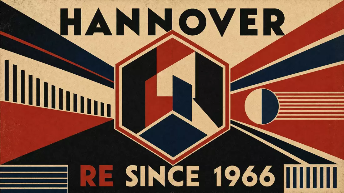 Bauhaus-Konstruktivismusplakat: Geometrisches Hexagonalschild, Schrift HANNOVER und RE SINCE 1966