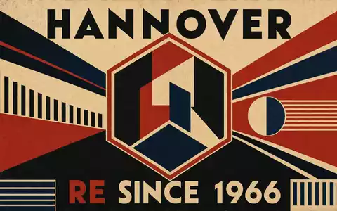 Vintage-Bauhaus-Konstruktivismus-Poster mit geometrischem Schutzschild und dem Schriftzug HANNOVER / RE SINCE 1966 – eine stilvolle Referenz an die Gründungsgeschichte der Hannover Rück SE (ISIN DE0008402215) - Foto: THN
