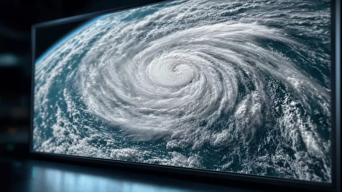 Nahaufnahme: Wettersatellit-Bildschirm zeigt spiralförmige Zyklon-Wolkenbänder in grau-blau