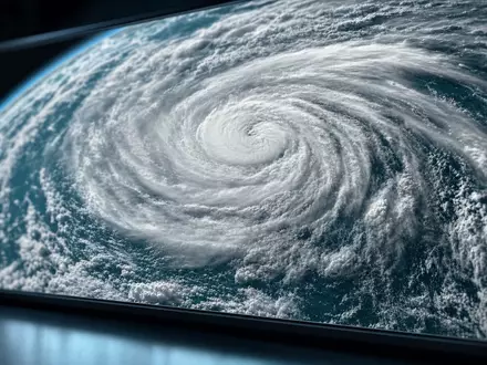 Makroaufnahme eines Wettersatelliten-Monitors mit spiralförmiger Wolkenformation – visualisiert die Naturgefahren-Expertise und das Katastrophenmodellierungsgeschäft der Hannover Rück SE (ISIN DE0008402215) - Foto: THN