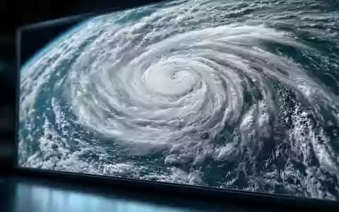 Makroaufnahme eines Wettersatelliten-Monitors mit spiralförmiger Wolkenformation – visualisiert die Naturgefahren-Expertise und das Katastrophenmodellierungsgeschäft der Hannover Rück SE (ISIN DE0008402215) - Foto: THN