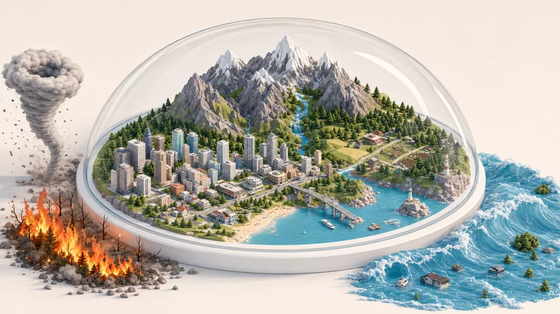 Isometrischer 3D-Render: Miniaturstadt unter Glasdom, außen Tornado, Feuer und Flut