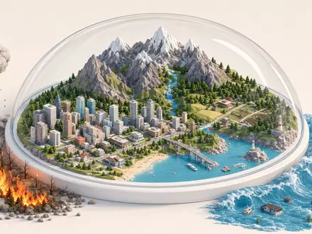 Isometrischer 3D-Render einer Miniaturwelt mit Naturgefahren unter Glasschutzkuppel – eine bildstarke Metapher für das globale Schutzversprechen der Rückversicherungsdienstleistungen der Hannover Rück SE (ISIN DE0008402215) - Foto: THN