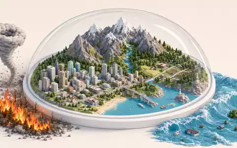 Isometrischer 3D-Render einer Miniaturwelt mit Naturgefahren unter Glasschutzkuppel – eine bildstarke Metapher für das globale Schutzversprechen der Rückversicherungsdienstleistungen der Hannover Rück SE (ISIN DE0008402215) - Foto: THN