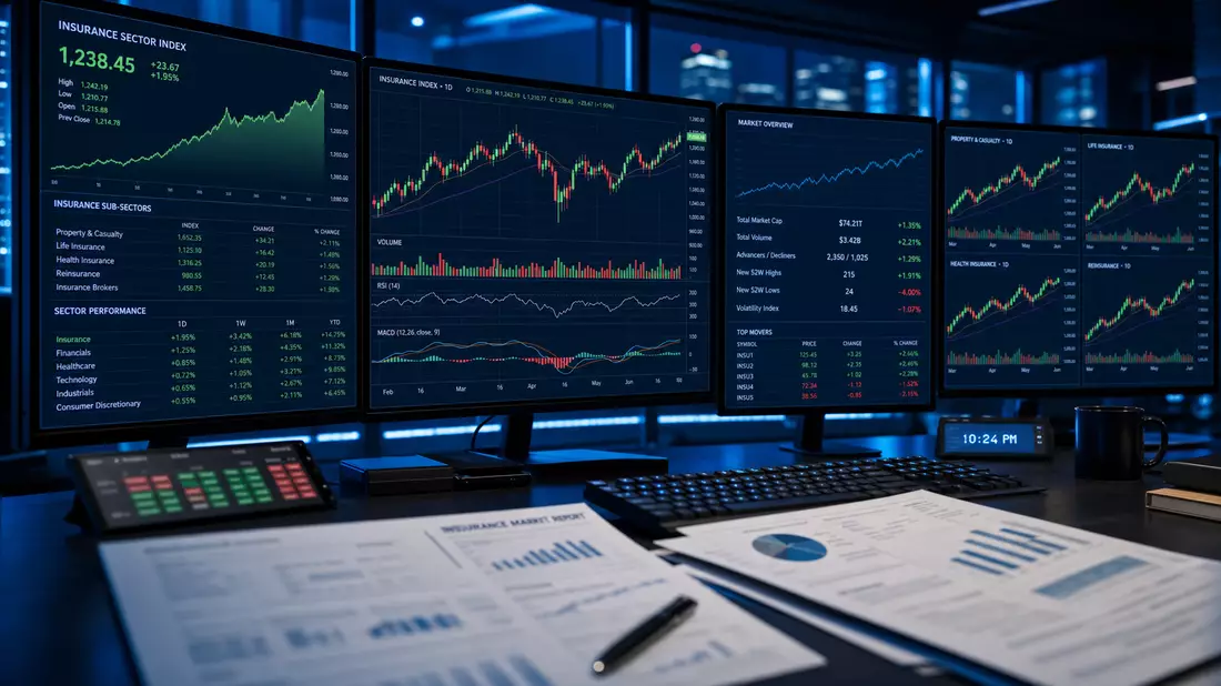 Mehrere Trading-Monitore mit Börsencharts und Insurance-Sektor-Indizes in blau beleuchtetem Büro