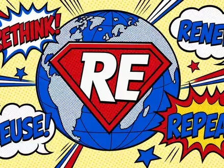Pop-Art-Comicillustration eines blauen Globus unter rotem Superhelden-Schutzschild mit Aufschrift RE – eine energetische Bildsprache für die weltweite Schutzfunktion der Rückversicherung der Hannover Rück SE (ISIN DE0008402215) - Foto: THN
