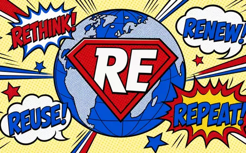 Pop-Art-Comicillustration eines blauen Globus unter rotem Superhelden-Schutzschild mit Aufschrift RE – eine energetische Bildsprache für die weltweite Schutzfunktion der Rückversicherung der Hannover Rück SE (ISIN DE0008402215) - Foto: THN
