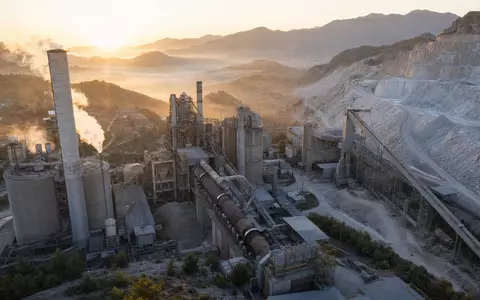 Luftaufnahme eines Zementwerks bei Sonnenaufgang – Heidelberg Materials AG (ISIN DE0006047004) ist ein weltweit führender Hersteller von Zement, Kies und Baustoffen mit Sitz in Heidelberg - Foto: THN