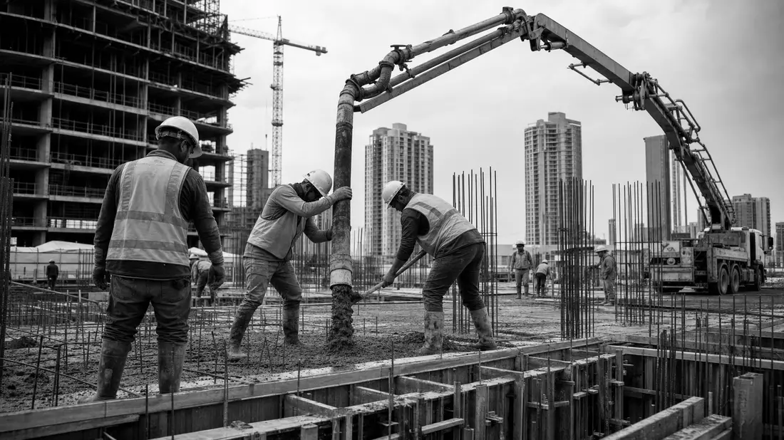 Schwarzweiß-Reportage: Bauarbeiter mit Betonpumpe auf Hochhaus-Baustelle