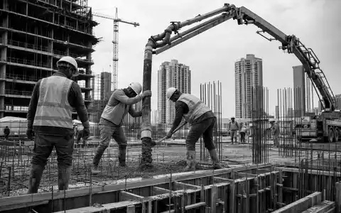 Schwarz-Weiß-Reportagefoto von Bauarbeitern beim Betonpumpen auf einer Großbaustelle – ein typisches Einsatzfeld für Baustoffe der Heidelberg Materials AG (ISIN DE0006047004) weltweit - Foto: THN