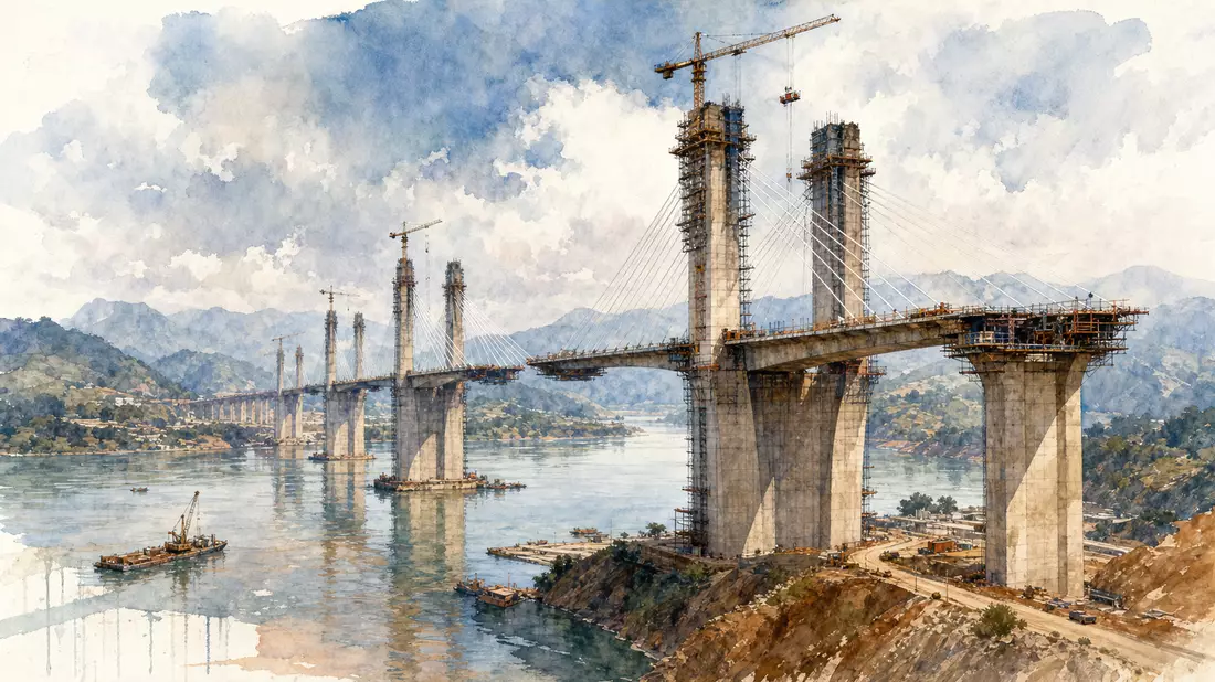 Aquarell-Illustration: Brückenbaustelle mit Betonpfeilern und Baukränen über einem Fluss