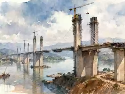 Aquarell-Illustration eines Brückenbaus mit massiven Betonpfeilern über einem Flusstal – symbolisiert die globalen Infrastrukturprojekte der Heidelberg Materials AG (ISIN DE0006047004) - Foto: THN
