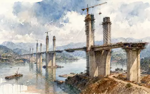 Aquarell-Illustration eines Brückenbaus mit massiven Betonpfeilern über einem Flusstal – symbolisiert die globalen Infrastrukturprojekte der Heidelberg Materials AG (ISIN DE0006047004) - Foto: THN