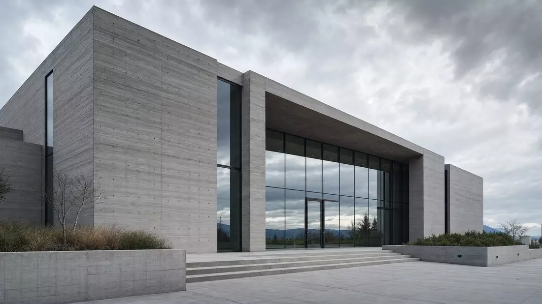 Modernes Betongebäude mit Sichtbeton-Fassade und verglasten Eingangsbereich