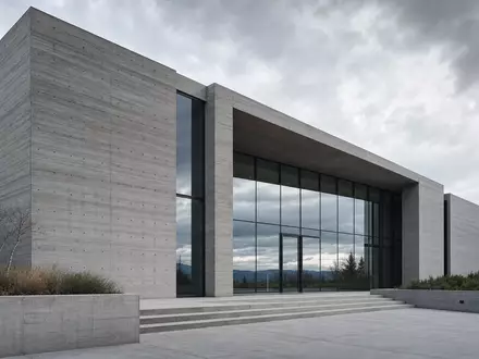 Architekturfotografie eines modernen Gebäudes mit Sichtbeton-Fassade und Glaseingang – repräsentiert die Hochleistungsbetone der Heidelberg Materials AG (ISIN DE0006047004) in der Architektur - Foto: THN