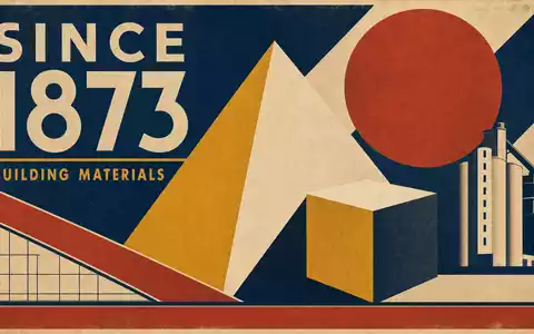 Vintage-Bauhaus-Poster im Konstruktivismus-Stil mit geometrischen Formen und dem Schriftzug SINCE 1873 BUILDING MATERIALS – angelehnt an die lange Tradition der Heidelberg Materials AG (ISIN DE0006047004) - Foto: THN