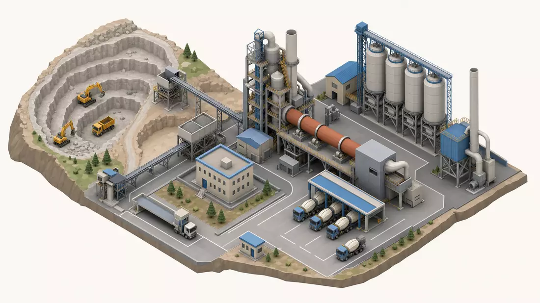 Isometrischer 3D-Render: Miniatur-Zementwerk mit Silos, Steinbruch, Förderbändern und Fahrzeugen