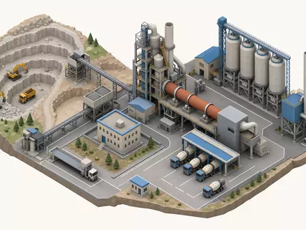 Isometrischer 3D-Render eines Miniatur-Zementwerks mit Silos, Förderbändern und Steinbruch – vereinfachtes Modell der Produktionsanlagen der Heidelberg Materials AG (ISIN DE0006047004) - Foto: THN