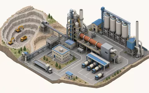 Isometrischer 3D-Render eines Miniatur-Zementwerks mit Silos, Förderbändern und Steinbruch – vereinfachtes Modell der Produktionsanlagen der Heidelberg Materials AG (ISIN DE0006047004) - Foto: THN