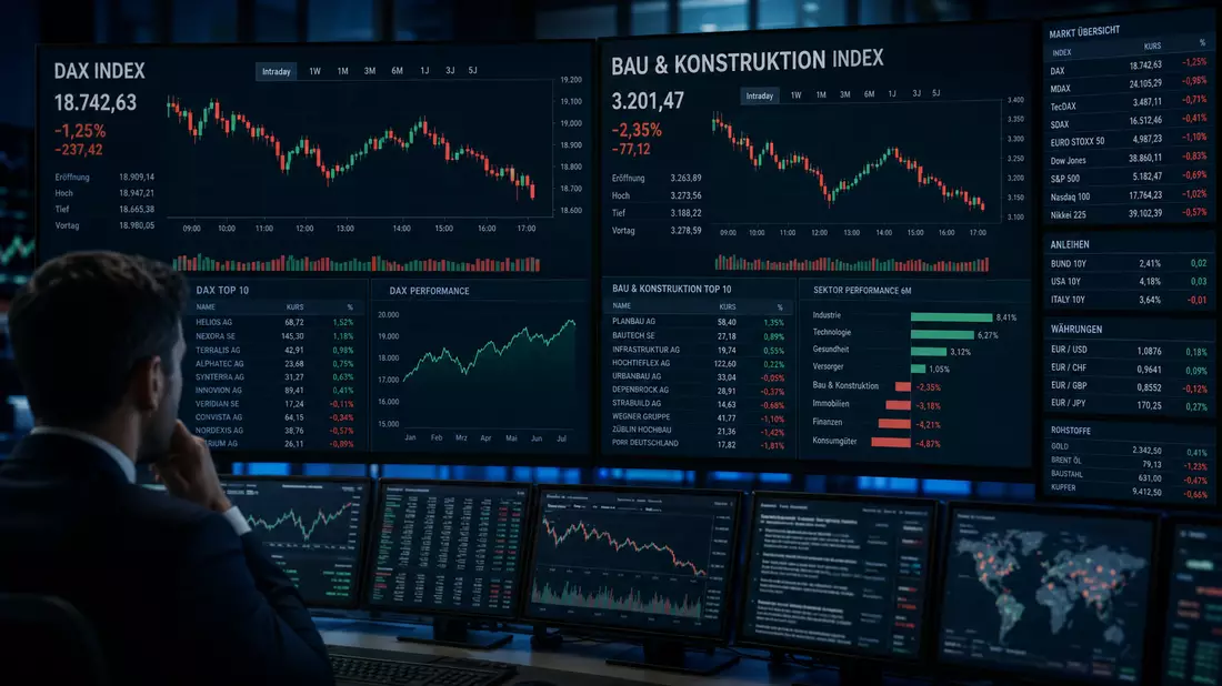 Börsenhändler vor Trading-Monitoren mit DAX-Index und Bau-Sektor-Performance