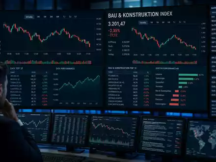 Editorial-Foto eines Börsenhändlers vor DAX- und Baustoff-Index-Screens – visualisiert die Börsennotierung und Kapitalmarktstärke der Heidelberg Materials AG (ISIN DE0006047004) im DAX - Foto: THN