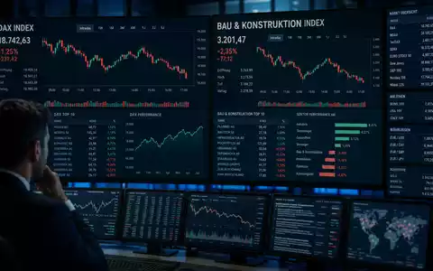 Editorial-Foto eines Börsenhändlers vor DAX- und Baustoff-Index-Screens – visualisiert die Börsennotierung und Kapitalmarktstärke der Heidelberg Materials AG (ISIN DE0006047004) im DAX - Foto: THN