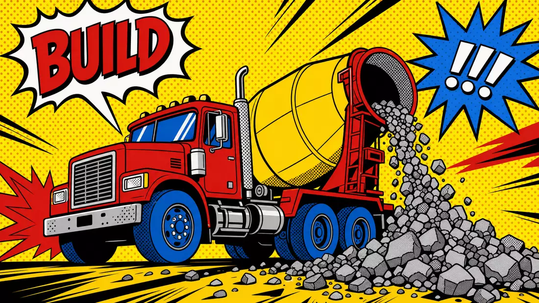 Pop-Art-Comic: Roter Zementmischer mit gelber Trommel und Steinen, Aufschrift BUILD