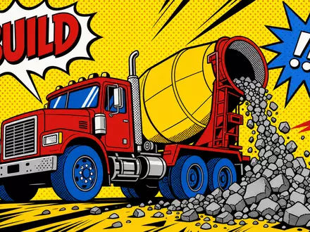 Pop-Art-Comic-Illustration eines Zementmischers mit Steinen und dem Schriftzug BUILD – kreative Darstellung des Kerngeschäfts der Heidelberg Materials AG (ISIN DE0006047004) im Comic-Stil - Foto: THN