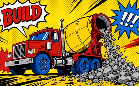 Pop-Art-Comic-Illustration eines Zementmischers mit Steinen und dem Schriftzug BUILD – kreative Darstellung des Kerngeschäfts der Heidelberg Materials AG (ISIN DE0006047004) im Comic-Stil - Foto: THN
