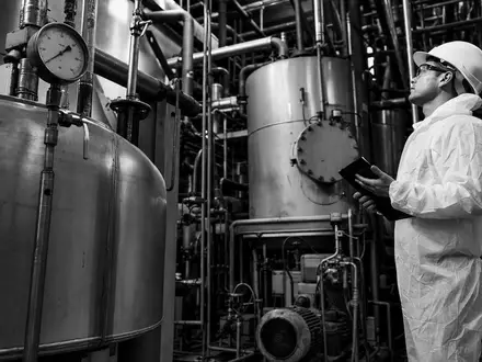 Schwarz-Weiß-Dokumentarfotografie eines Arbeiters in Schutzanzug und Helm vor großen Industrietanks und Rohrleitungen in einem chemischen Produktionswerk – symbolisiert die industrielle Fertigungstiefe der Henkel AG & Co. KGaA (ISIN DE0006048432) im Bereich Klebstoffe und Spezialchemikalien - Foto: THN