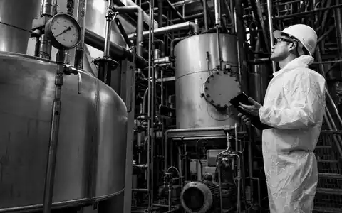 Schwarz-Weiß-Dokumentarfotografie eines Arbeiters in Schutzanzug und Helm vor großen Industrietanks und Rohrleitungen in einem chemischen Produktionswerk – symbolisiert die industrielle Fertigungstiefe der Henkel AG & Co. KGaA (ISIN DE0006048432) im Bereich Klebstoffe und Spezialchemikalien - Foto: THN