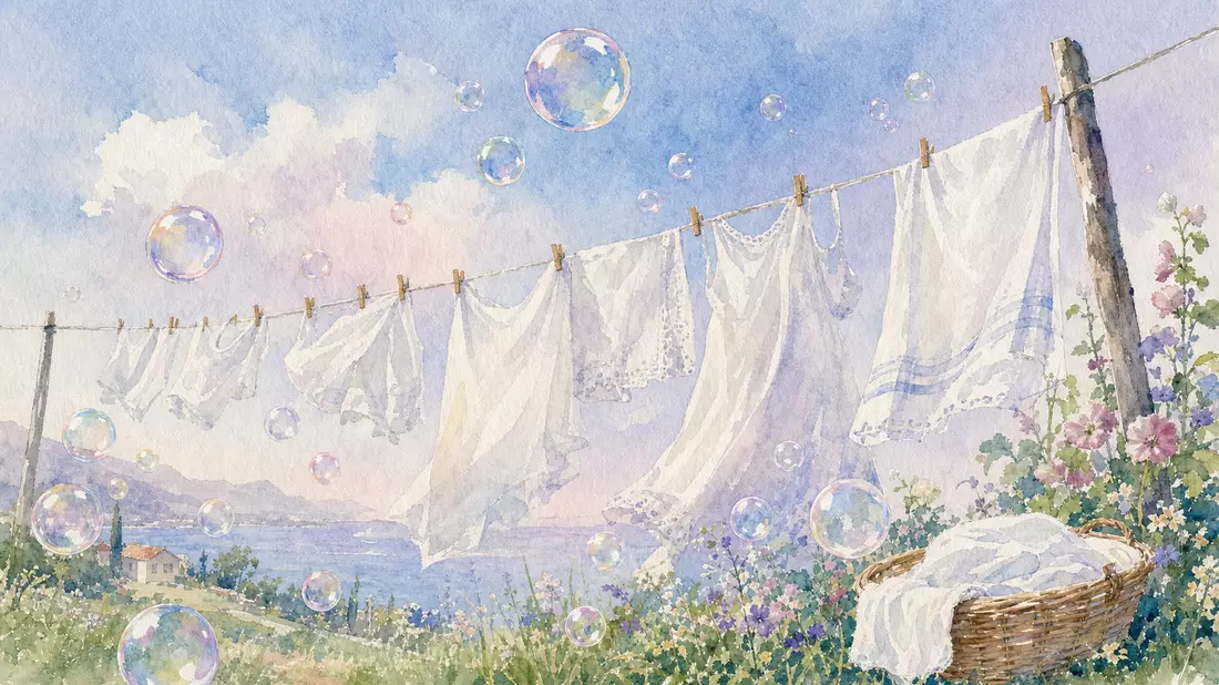 Aquarell-Illustration mit Seifenblasen über einer Wäscheleine in Pastellfarben, sommerliche Idylle
