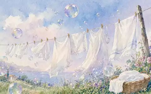 Zarte Aquarell-Illustration mit schimmernden Seifenblasen über einer Wäscheleine mit weißer Wäsche in einer idyllischen Sommerkulisse – steht für das Wasch- und Reinigungsmittelsegment der Henkel AG & Co. KGaA (ISIN DE0006048432) und deren Konsumgütermarken - Foto: THN